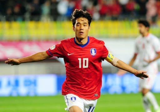 South Korea's Park Chu-Young (C) celebrates his goal against the United Arab Emirates during an Asian zone third-round 2014 World Cup football qualifier in Suwon, south of Seoul. South Korea won the match 2-1