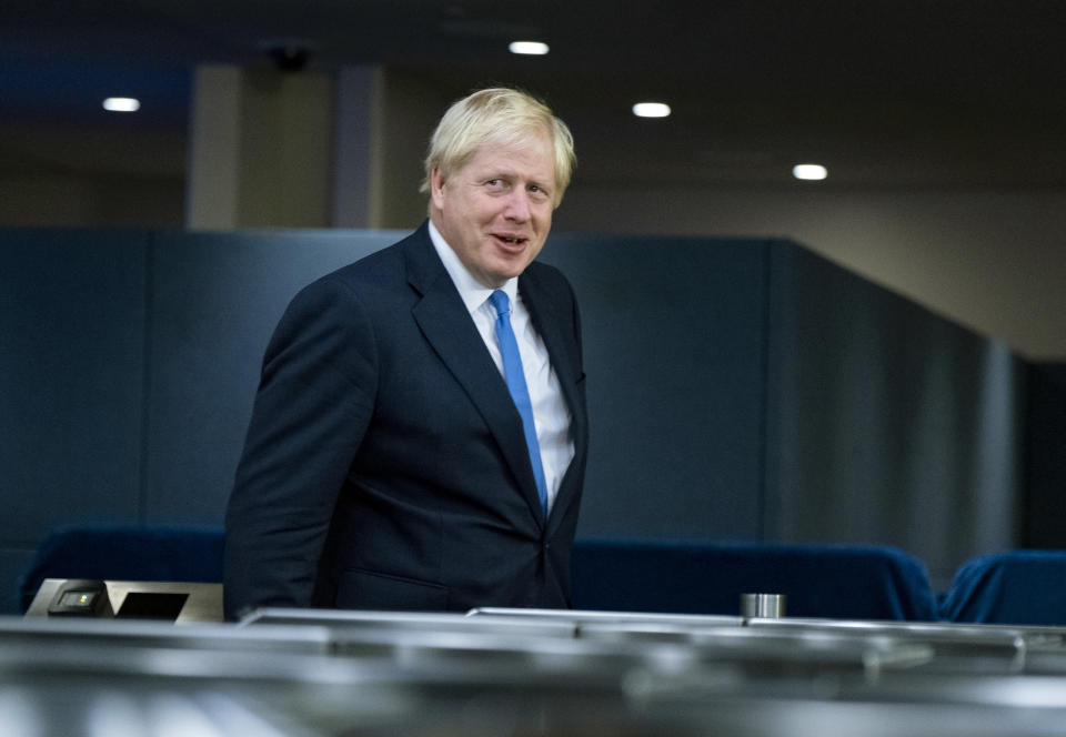 Britain's Prime Minister Boris Johnson arrives for the 74th session of the United Nations General Assembly, at U.N. headquarters, Monday, Sept. 23, 2019. (AP Photo/Craig Ruttle)