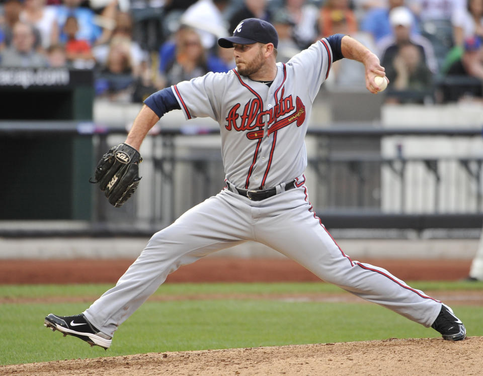 FILE - Atlanta Braves' closing pitcher Billy Wagner winds up a pitch in the ninth inning of a baseball game against the New York Mets Saturday, July 10, 2010, in New York. Adrián Beltré, Joe Mauer, Todd Helton and Billy Wagner could be elected to the Hall of Fame on Tuesday, Jan. 23, 2024, which could mark the fourth time in a decade that the Baseball Writers' Association of America elected four members. (AP Photo/Kathy Kmonicek, File)