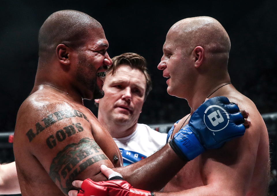 SAITAMA, JAPAN - DECEMBER 29, 2019: American MMA fighter Quinton 'Rampage' Jackson and his Russian rival Fedor Emelianenko (L-R front) during their Bellator 237 heavyweight main event at Saitama Super Arena; Bellator 237 is a cross-promotional event between Bellator MMA and the Rizin Fighting Federation. Valery Sharifulin/TASS (Photo by Valery Sharifulin\TASS via Getty Images)