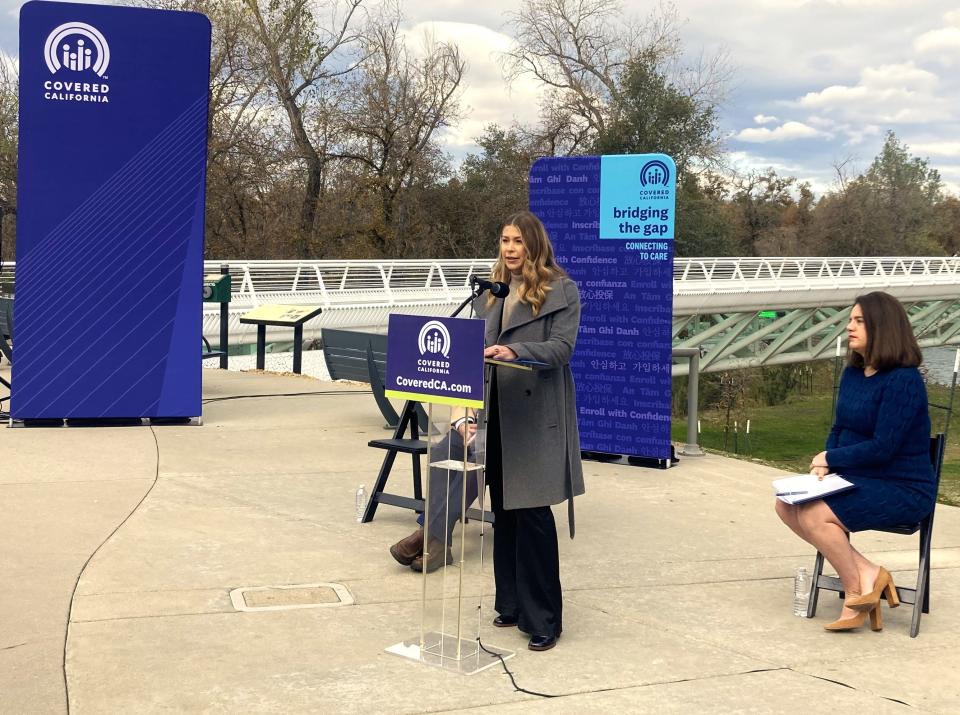 Matilda Grace, president of the Shasta County chapter of the National Alliance on Mental Illness, speaks Thursday at an event marking the open enrollment period for Covered California, which provides health insurance financial assistance.