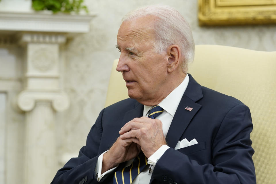 President Joe Biden looks to Israel's President Isaac Herzog as they meet in the Oval Office of the White House in Washington, Tuesday, July 18, 2023. (AP Photo/Susan Walsh)