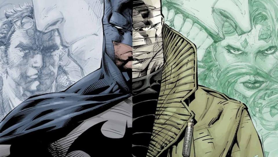 a comics panel in which Batman and Hush 's faces merge at the center