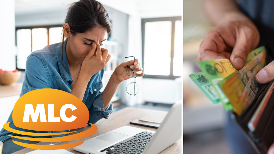 A woman looks concerned and frustrated with an MLC logo in the corner and a person removing money from their wallet.