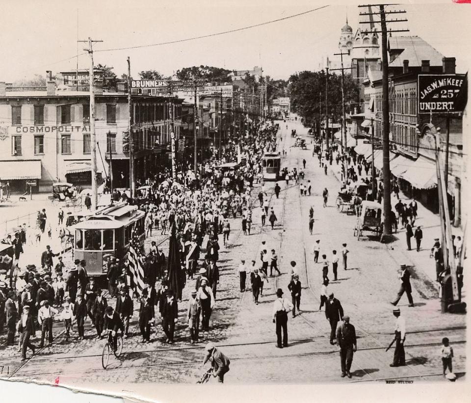 Market Street in Paterson during the trolley era.