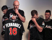 <p>Miami Marlins manager Don Mattingly struggles with his emotions as he speaks during the team’s press conference about the death of Jose Fernandez, Sunday, Sept. 25, 2016, after the announcement of the death of their star pitcher, Jose Fernandez, in an early morning boat accident Sunday, in Miami Beach. (Carl Juste/Miami Herald via AP) </p>