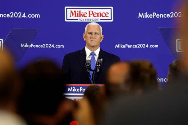 PHOTO: Former U.S. Vice President Mike Pence makes a U.S. presidential campaign announcement, publicly kicking off his race for the 2024 Republican presidential nomination, at a Future Farmers of America 'enrichment center' in Ankeny, Iowa, June 7, 2023. (Jonathan Ernst/Reuters)