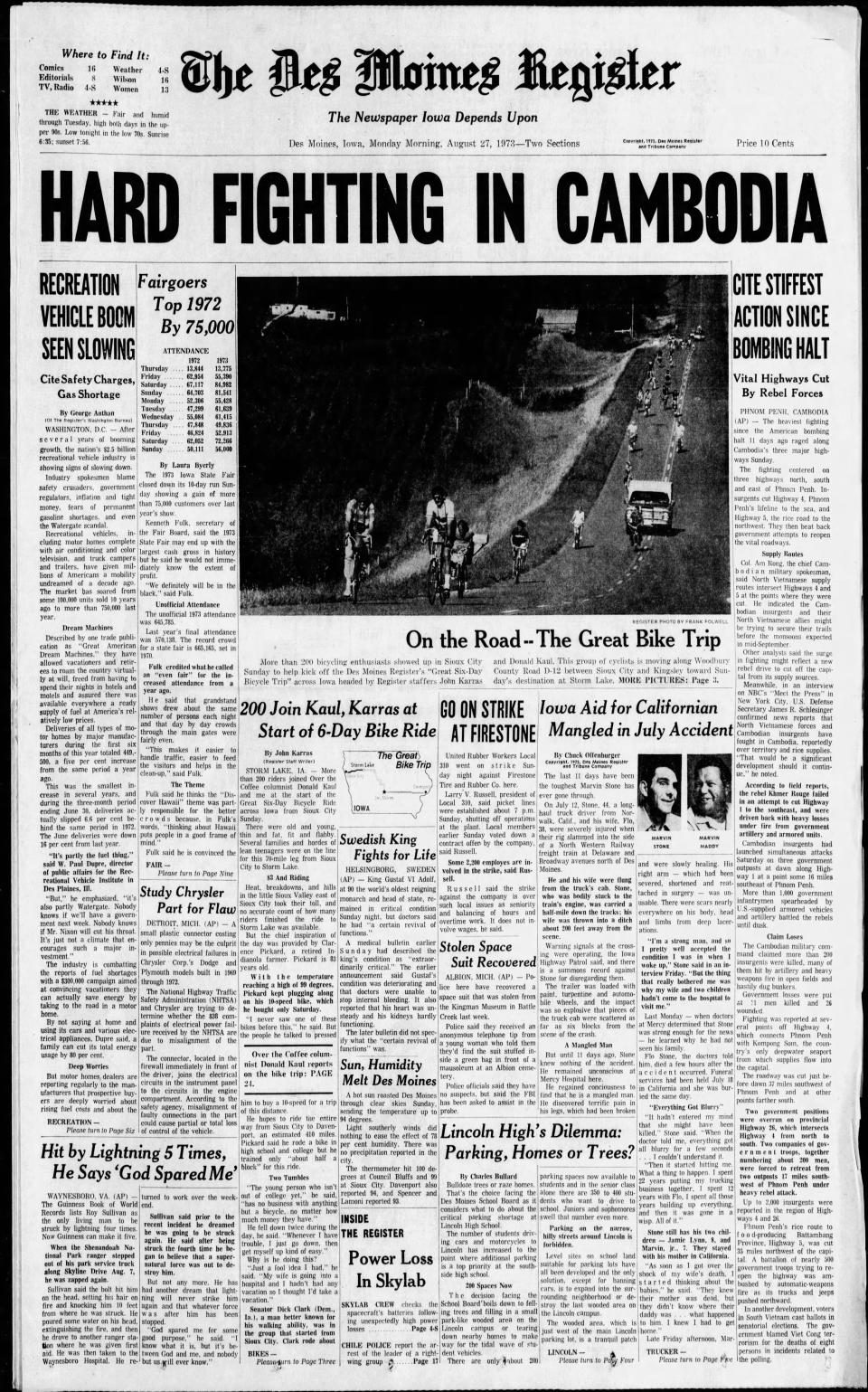 The front page of the Des Moines Register on Aug. 27, 1973, chronicled the first day of the Great Six Day Bike Trip as it journeyed from Sioux City through Kingsley, Washta and Quimby to Storm Lake. The first day this year's 50th anniversary RAGBRAI ride will follow the same route.