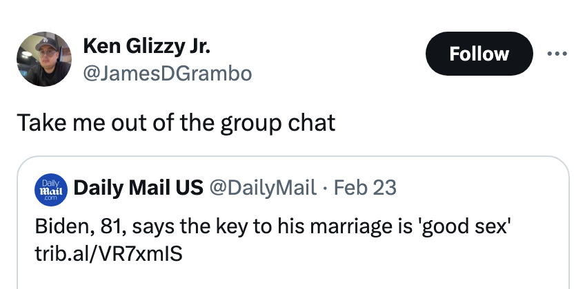 Tweet from a user wanting to be removed from a group chat, quoting a news tweet about Biden's marriage