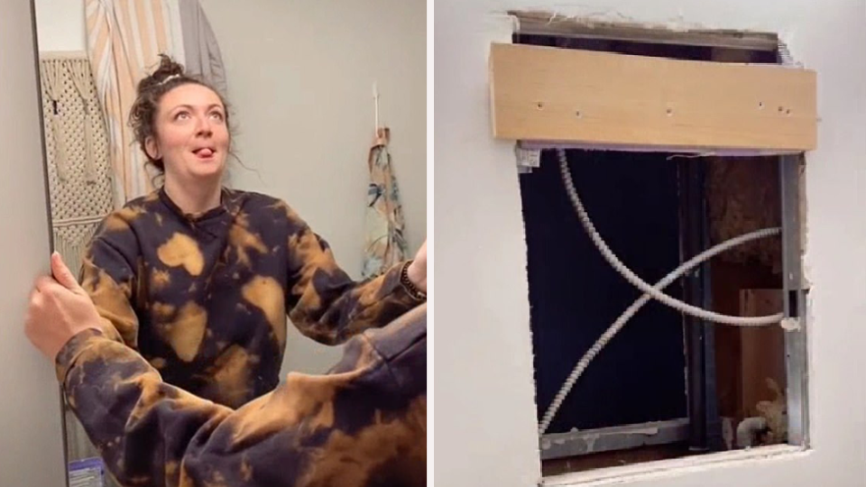 Woman removes bathroom mirror reveals hole to abandoned apartment