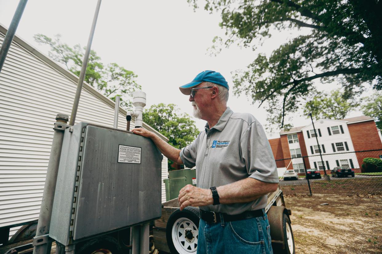 Dr. Kent Moran, with the University of Memphis’ Center for Earthquake Research and Information, explains how earthquake monitoring equipment works during a tour on Thursday, May 02 2024 at 3890 Central Avenue in Memphis, Tenn.