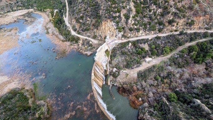 Matilija Dam as seen from a Ventura County Sheriff's helicopter Wednesday morning, Jan. 4, 2023. Two copters from the air unit flew over local watersheds to scout potential issues in advance of an incoming rainstorm.