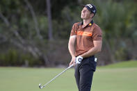 Viktor Hovland, of Norway, reacts after hitting from the 18th fairway during the third round of the Workday Championship golf tournament, Feb. 27, 2021, in Bradenton, Fla. (AP Photo/Phelan M. Ebenhack)