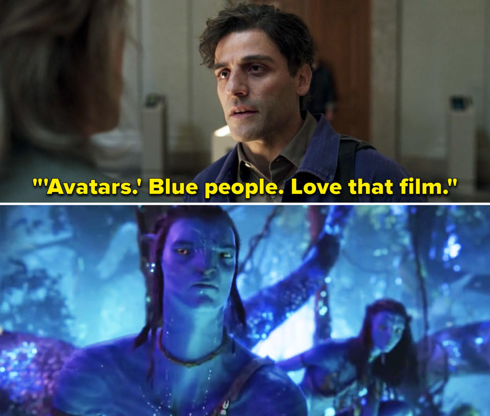 Steven says, "avatars. blue people. love that film" and below, a frame from that movie