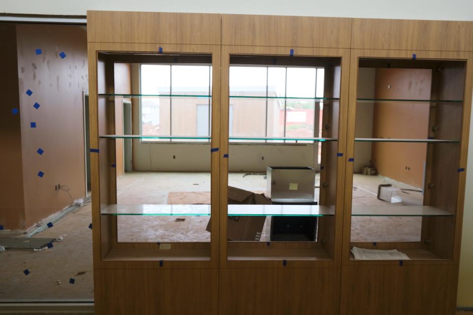 During an April 26 tour of the construction on the MAPS 3 Eastside Senior Wellness Center, a glass display case wall offers a view into the art room that will be complete with a pottery kiln.