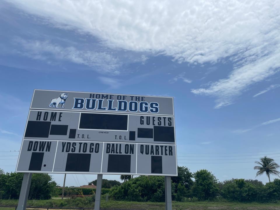 The scoreboard at Dr. Joaquín García High School as seen Thursday. The football field will be covered with artificial turf following a push by the school board to have synthetic fields at all its high schools.