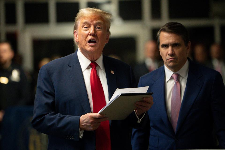 Donald Trump addresses reporters outside his Manhattan criminal trial