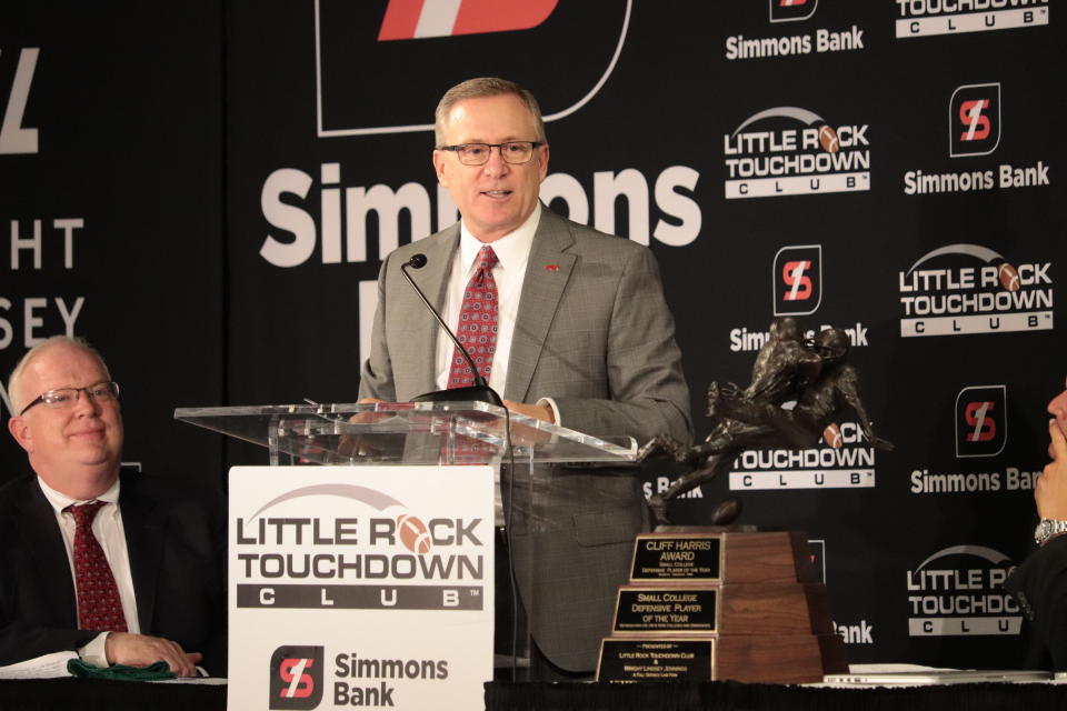 Arkansas athletic director Jeff Long tells members of the Little Rock Touchdown Club on Monday, Sept. 11, 2017, that he wants to know within three to five months whether the Razorbacks’ football team will play games at the city’s War Memorial Stadium after the 2018 season. Long said potential opponents need to know which Arkansas home games will be played in Fayetteville and Little Rock. The school is currently under a contract to play one more game at War Memorial, against a Southeastern Conference opponent next year. (AP Photo/Kelly P. Kissel)