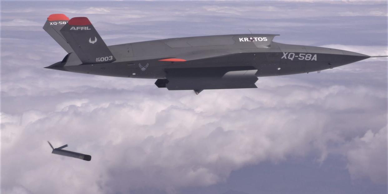 The XQ-58A Valkyrie demonstrates the separation of the ALTIUS-600 small UAS in a test at the U.S. Army Yuma Proving Ground test range, Arizona on March 26, 2021