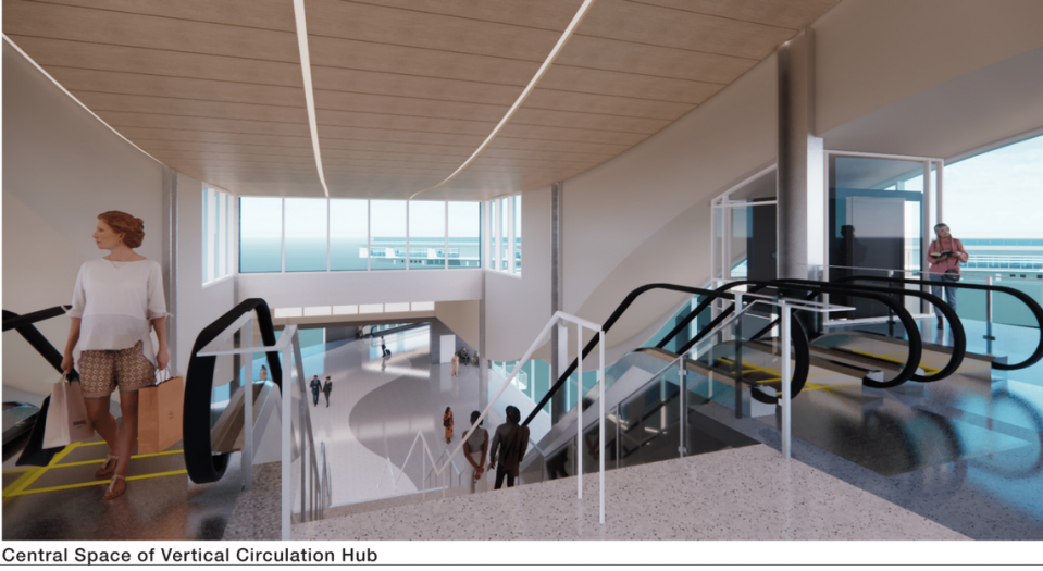 Rendering of the Central Space in the Vertical Circulation hub for the Sacramento International Airport expansion plan.