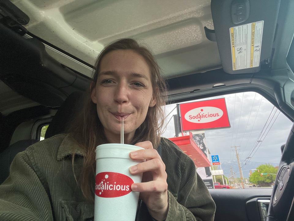 The author drinking a soda from Sodalicious.