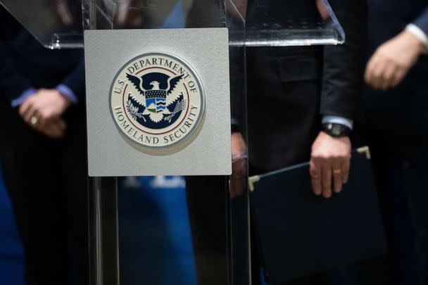 PHOTO: In this March 2, 2021, file photo, the U.S. Department of Homeland Security seal is seen as DHS Secretary Alejandro Mayorkas delivers remarks in Philadelphia. (Mark Makela/Getty Images, FILE)