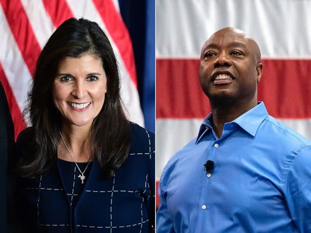 PHOTO: In this Oct. 26, 2022, file photo, Nikki Haley greets supporters at an event in Harrisburg, Pa. | In this May 22, 2023, file photo, Sen. Tim Scott speaks at an event in North Charleston, S.C. (Mark Makela/Getty Images | Allison Joyce/Getty Images)