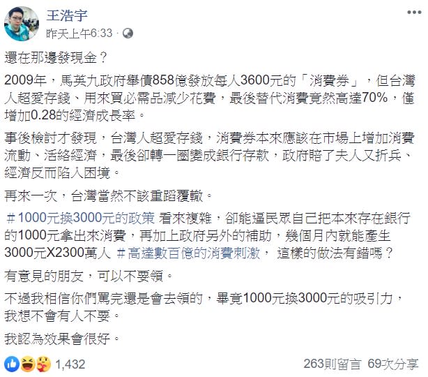 王浩宇認為發放振興券比發現金，更能刺激消費。（圖／翻攝自王浩宇臉書）