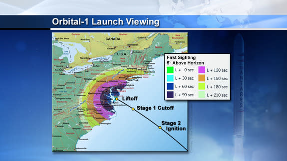 This NASA image depicts the visibility range along the U.S. East Coast for the launch of an Orbital Sciences Corp. Antares rocket launching Jan. 8, 2014 from NASA's Wallops Flight Facility on Wallops Island, Va.