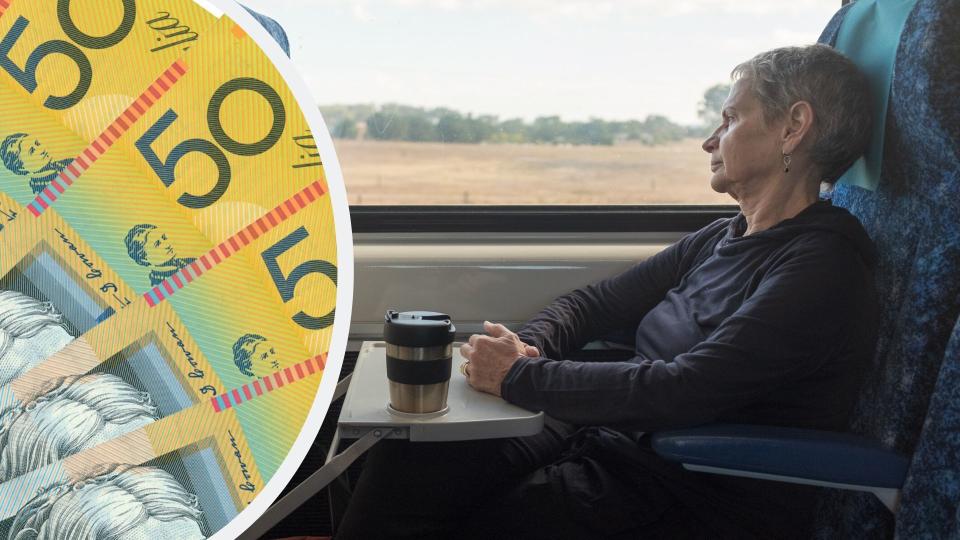 Pictured: Australian pensioner on train, Australian cash. Images: Getty