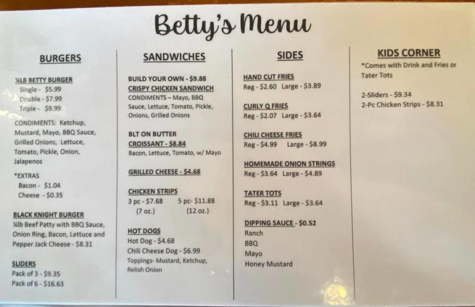 Betty’s Restaurant menu, page 1