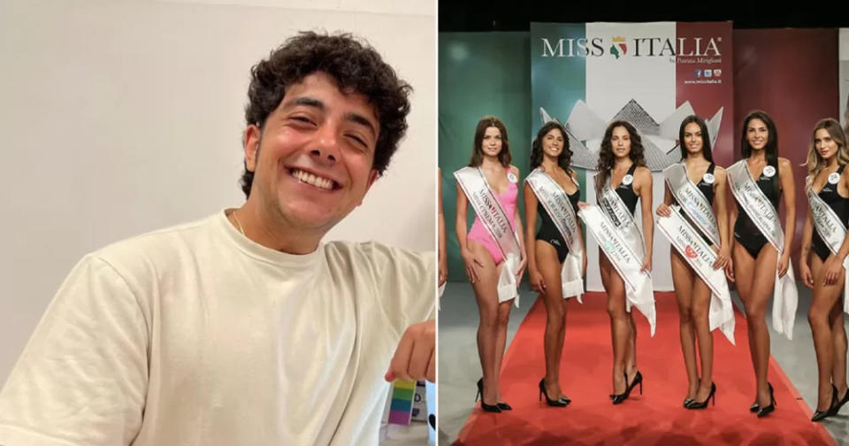 This article is about trans men entering the Miss Italy pageant. In the photo, split screen of contestants at one of the Miss Italy past editions and one of the trans activists who is boycotting the competition.