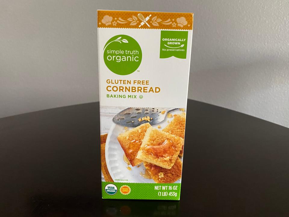 Green and white box of Simple Truth Organic's cornbread on white table
