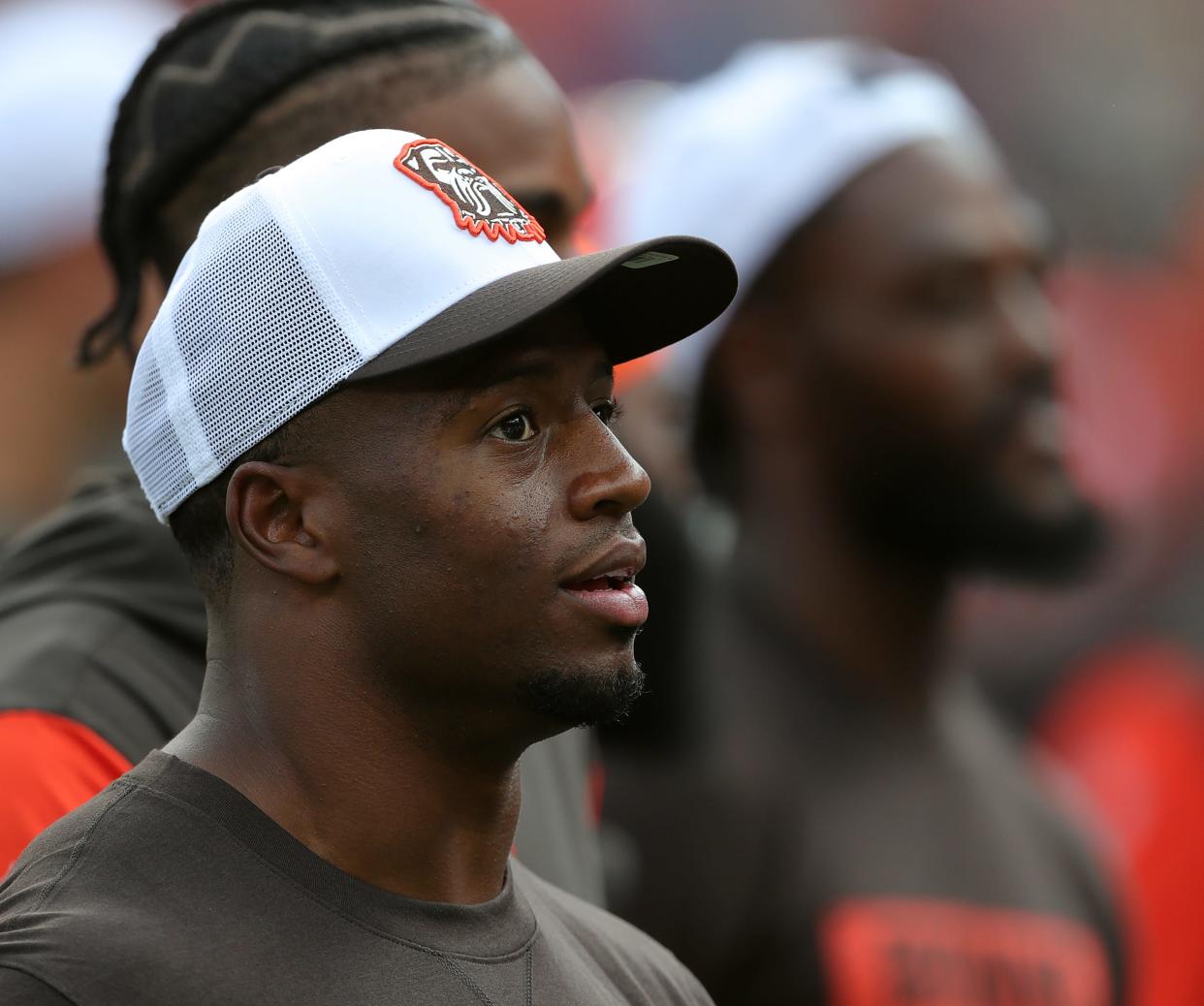 Cleveland Browns running back Nick Chubb takes in the crowd before a preseason game Aug. 17 in Cleveland.