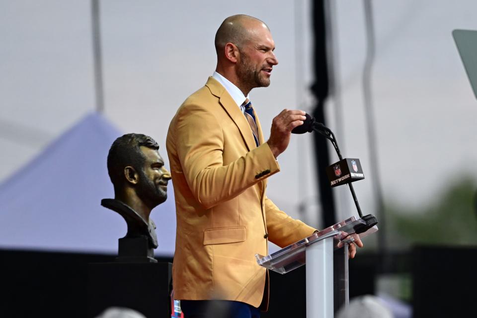 Joe Thomas speaks during the Pro Football Hall of Fame Enshrinement on Aug. 5 in Canton.