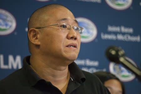 Kenneth Bae speaks upon returning from North Korea during a news conference at U.S. Air Force Joint Base Lewis-McChord in Fort Lewis, Washington, United States on November 8, 2014. REUTERS/David Ryder/File Photo