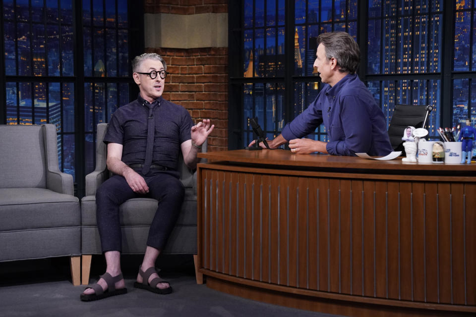 LATE NIGHT WITH SETH MEYERS -- Episode 1170A -- Pictured: (l-r) Actor Alan Cumming during an interview with host Seth Meyers on July 15, 2021 -- (Photo by: Lloyd Bishop/NBC)