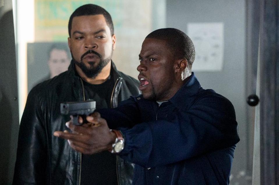 FILE - This image released by Universal Pictures shows Ice Cube, left, and Kevin Hart in a scene from "Ride Along." The PG-13 monster thriller "I, Frankenstein" will attempt to capitalize on a football-free weekend and try to unseat box-office leader "Ride Along," the Kevin Hart comedy. (AP Photo/Universal Pictures, Quantrell D. Colbert, File)