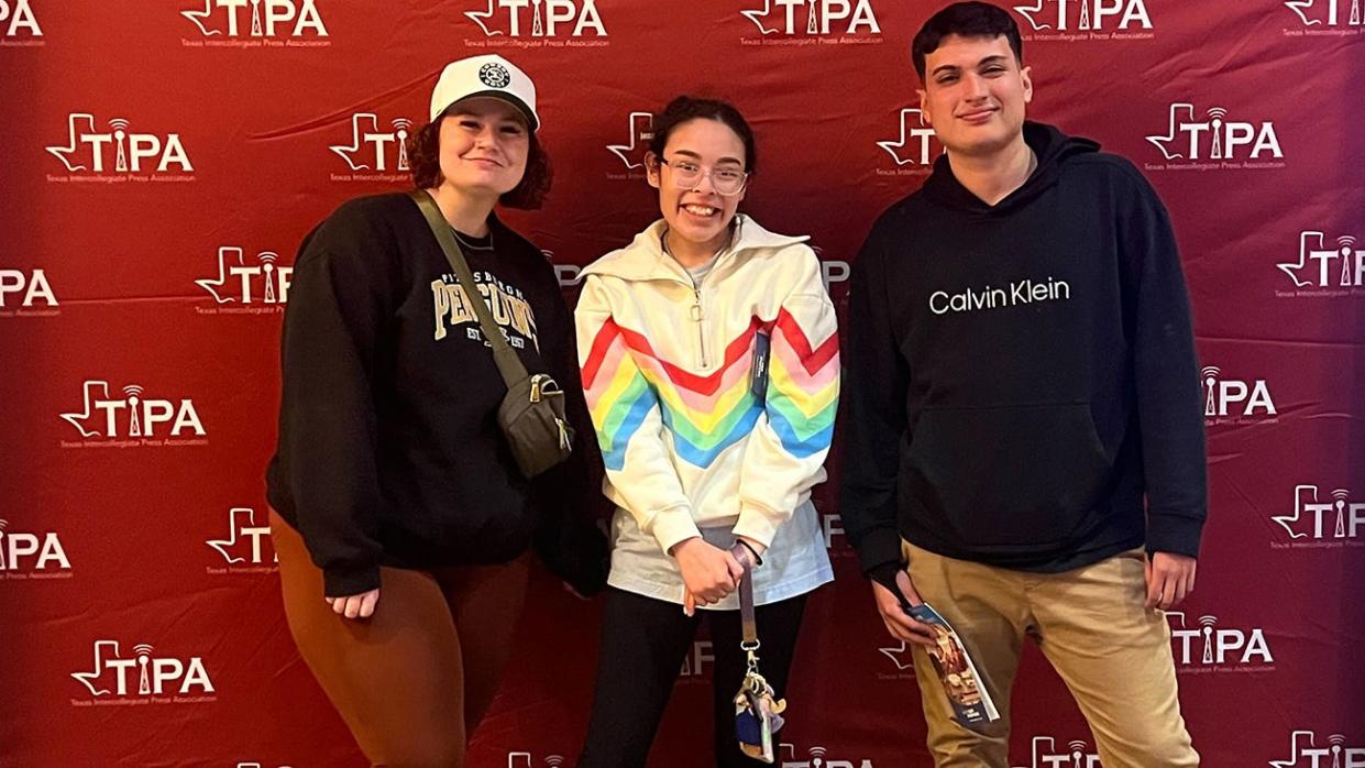 Carlie Rutledge, a junior communication studies major from Conroe, Bradley Pollock-Santos, a junior psychology major from Los Cabos, and JoLina Lopez, a senior digital communication major from Abernathy, are pictured at the 2024 Texas Intercollegiate Press Association Conference in San Marcos.