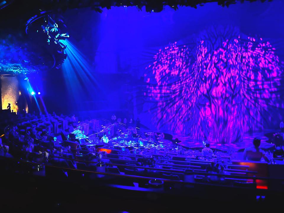 Rows of empty seats are arranged around a stage with a tree illuminated by purple lights. Blue lights shine around the theater