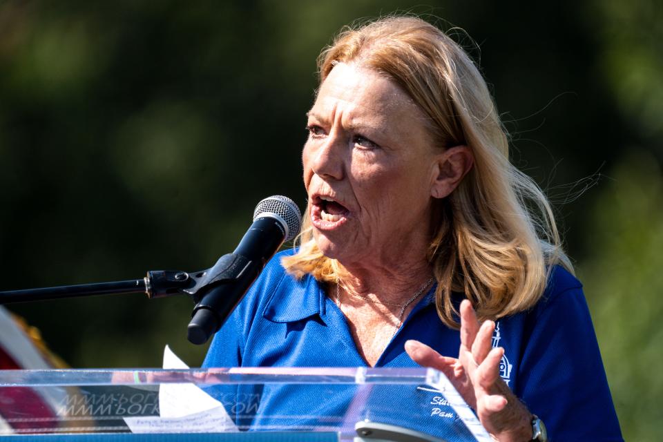 Iowa Senate Democratic Leader Pam Jochum speaks during the 2023 Polk County Steak Fry at Water Works Park on Saturday, September 30, 2023 in Des Moines.