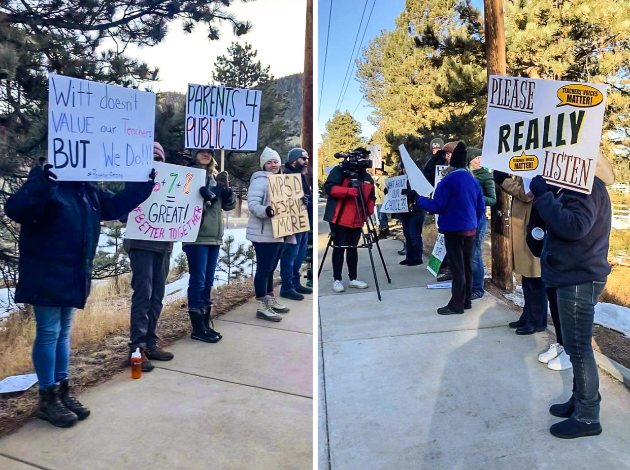 Parents and teachers protested in March after the Woodland Park school district decided to give part of the middle school to a new charter school. (Erin O'Connell)