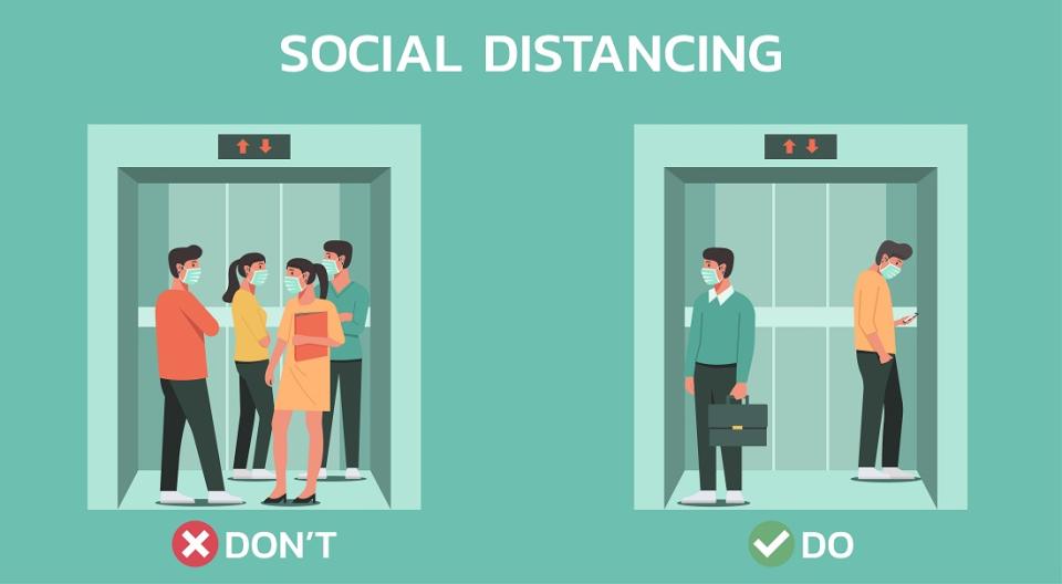 Enforce social distancing in areas where employees congregate (e.g. water cooler, canteen, photocopier, etc). Limit the number of people inside an elevator