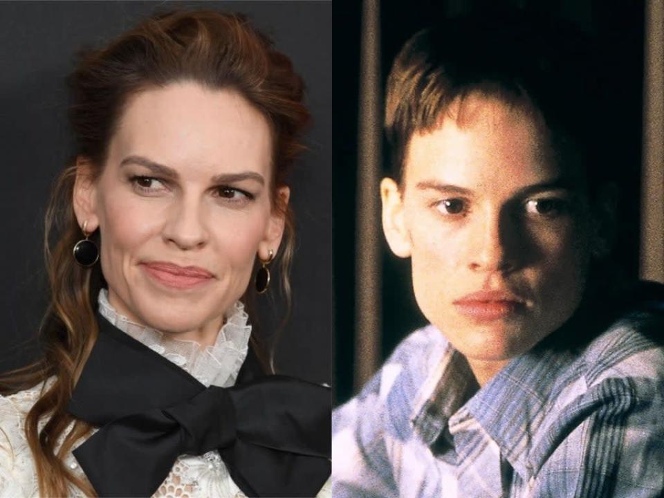 Hilary Swank in early 2020, and in 'Boys Don't Cry' (Robyn Beck/Getty/Fox)
