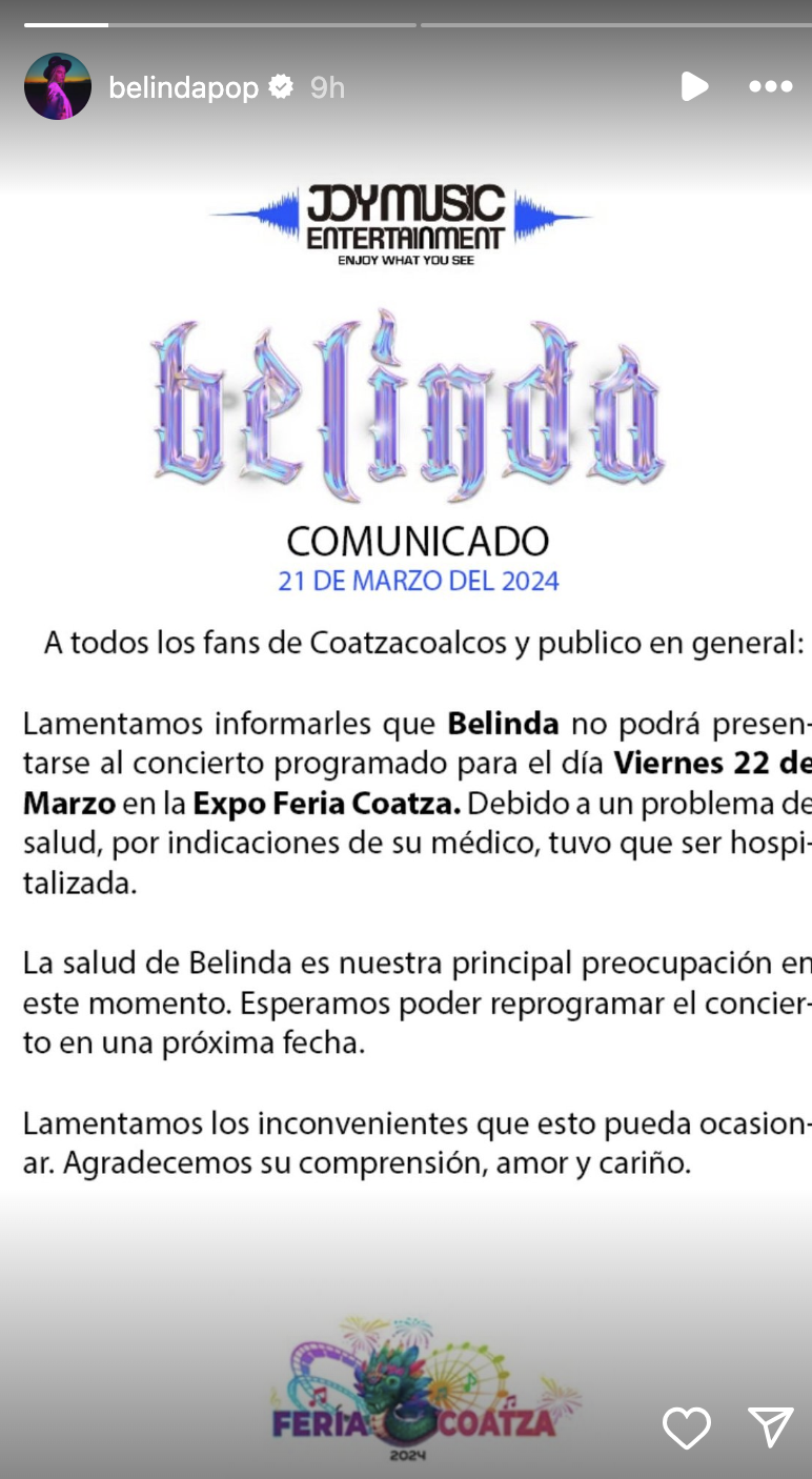 Comunicado de Belinda / Instagram