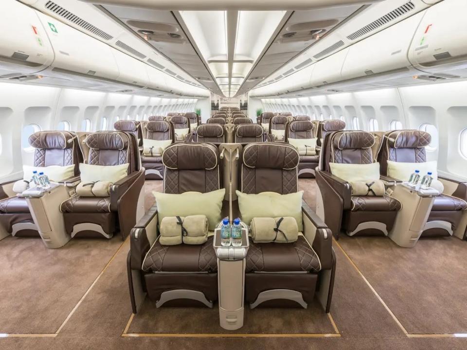 AirX Charters' A340 business class cabin, view of 2x2x2 configuration.