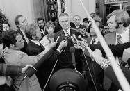 <p>Special Watergate prosecutor Archibald Cox talks to media outside the U.S. District Court in Washington after ousted White House counsel John W. Dean III pleaded guilty to conspiring to obstruct the Watergate investigation on Oct. 19, 1973. (Photo: AP) </p>