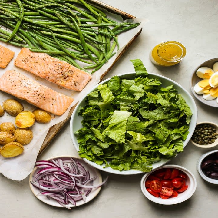 Ingredients for salmon niçoise salads.