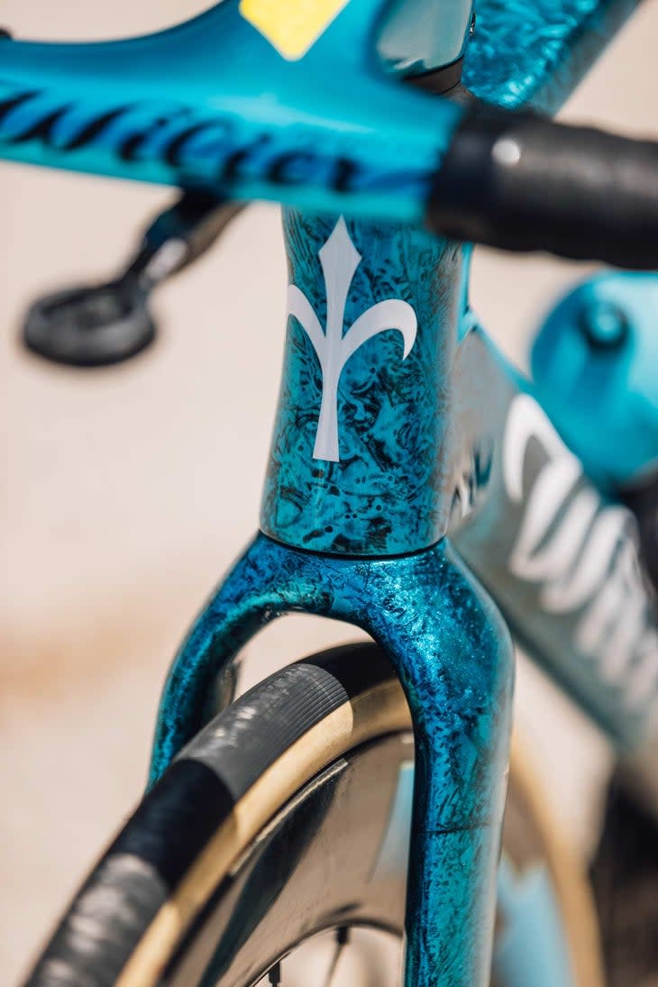 Detail of Mark Cavendish's Wilier Filante SLR Astana team bike head badge.