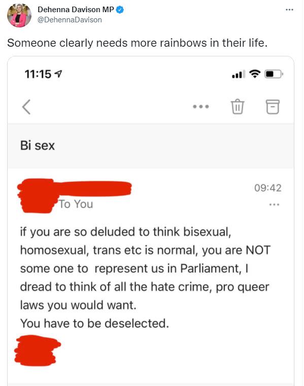 The Tweet called for Dehenna Davison to be deselected after coming out as bisexual (Twitter)